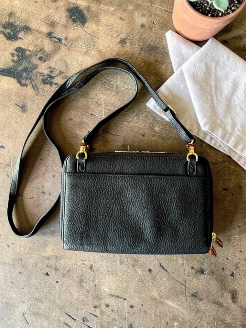 Levenger Black Pebbled Leather Crossbody with Gold Hardware